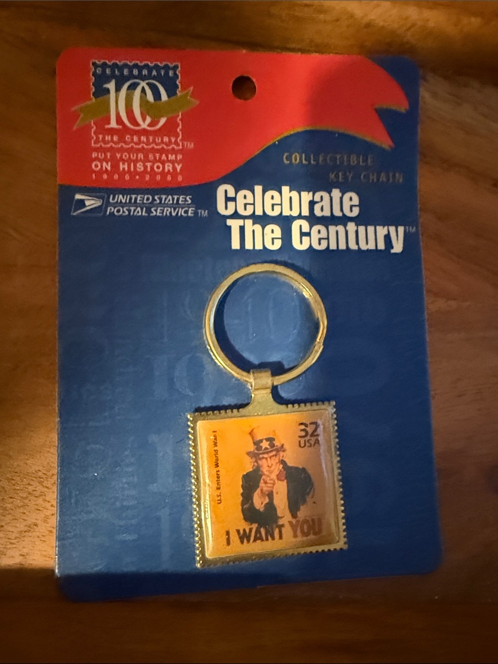 Vintage Blue & Gold "I Want You" Stamp Keychain